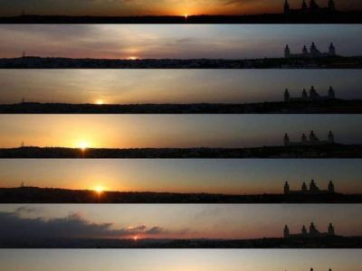 Как меняется закат с января по декабрь на фотографии сверху.