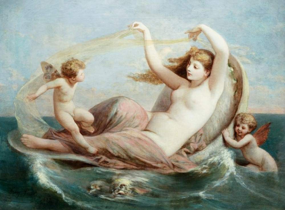 Образ Эроса и Афродита Сцена была особенно популярна в древнем искусстве, где божества порхают вокруг богини, когда она возлежит в раковине
